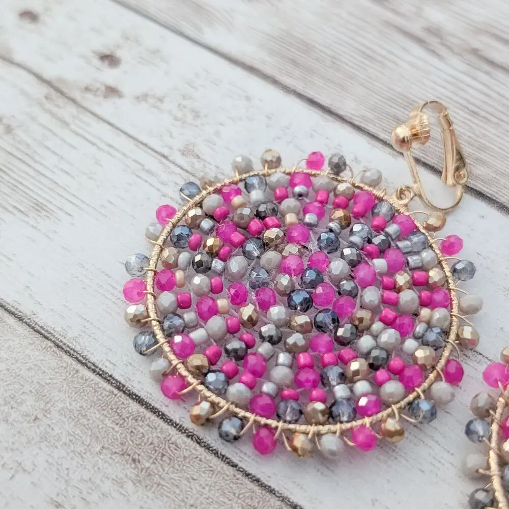 Vintage Clip On Earrings Pink & Purple Tones Extra Large Dangle Really Pretty